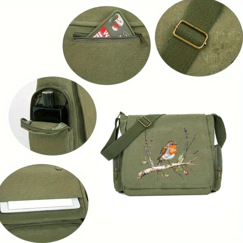 Woodland Sparrow Print Canvas Shoulder Bag Crossbody Messenger Bag