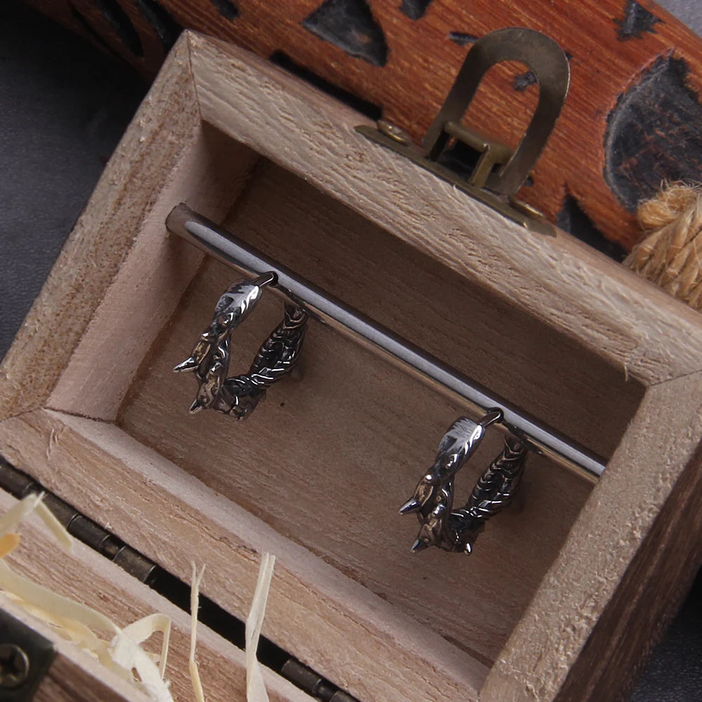 Gothic Thorns Stainless Steel Huggie Hoop Earrings for Men with Wooden Box