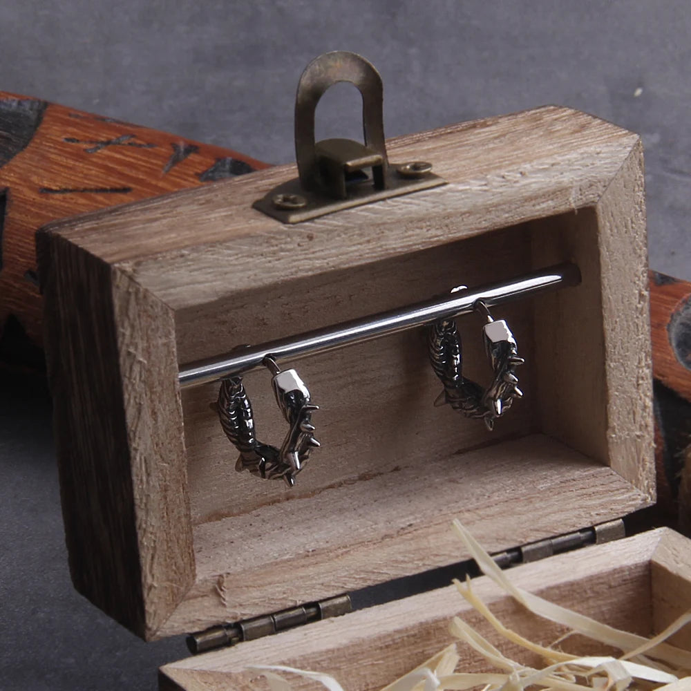 Gothic Thorns Stainless Steel Huggie Hoop Earrings for Men with Wooden Box