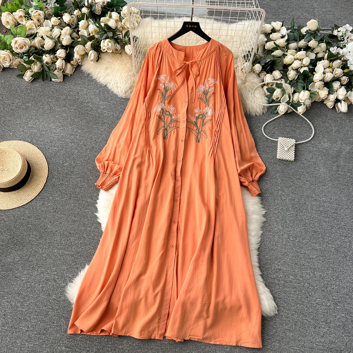 Olive's Embroidered Long Sleeve Shirt Dress