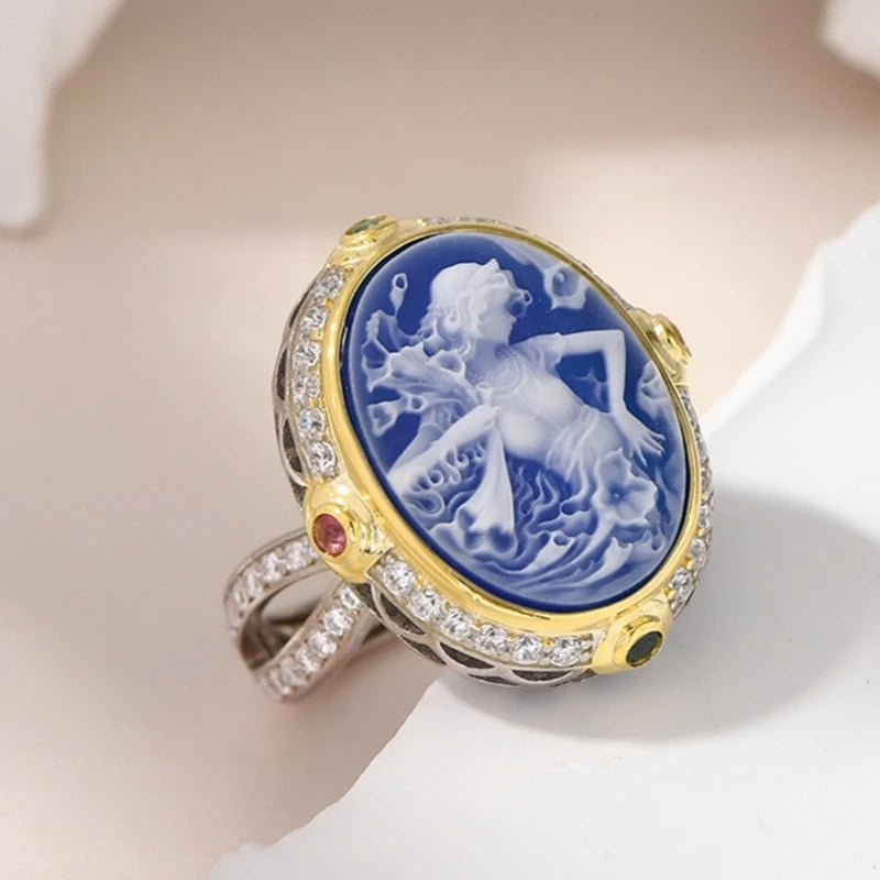 La Belladonna Wraith S925 Sterling Silver Rings Blue Agate White Shell Full Zircon Portrait Jewellery