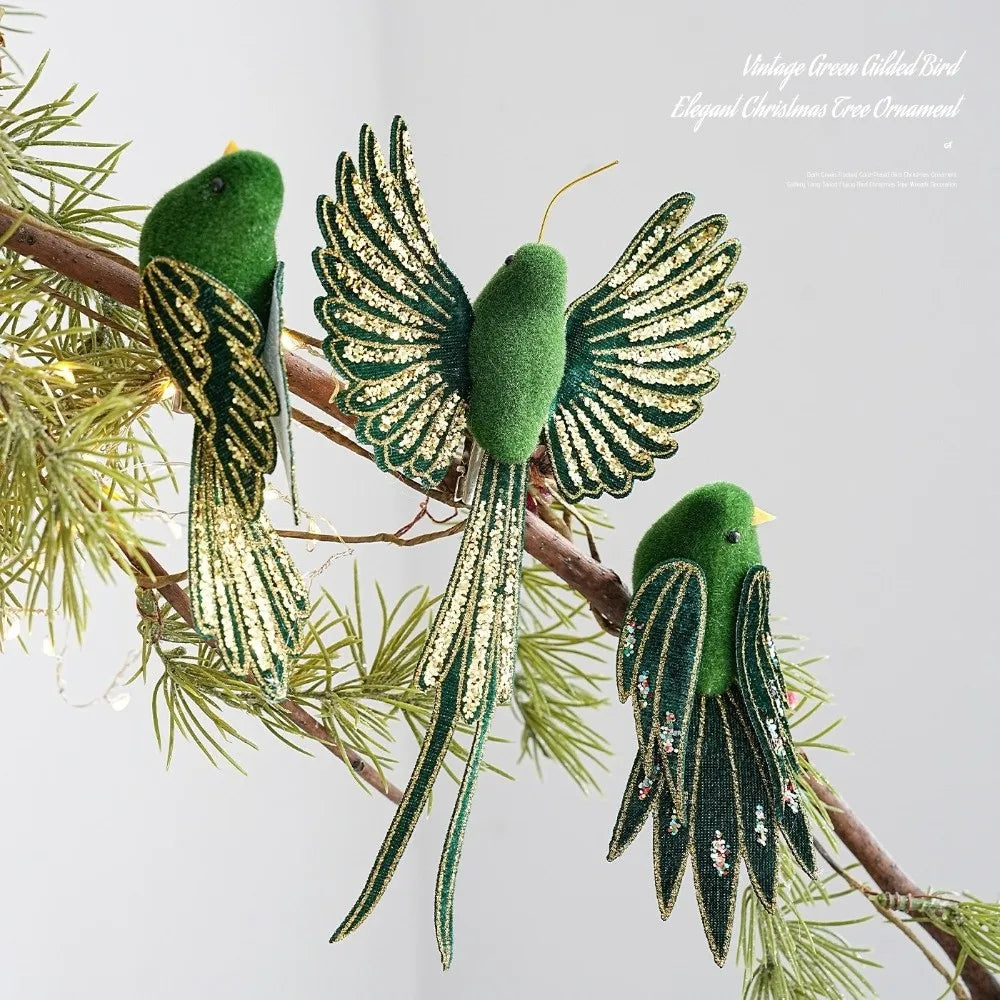 Set of Three Handmade Glitter Finish Christmas Tree Bird Decoration