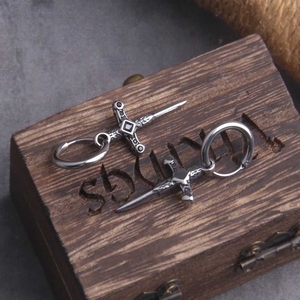 Gothic Dagger Sword Stainless Steel Huggie Hoop Earrings for Men with Wooden Box