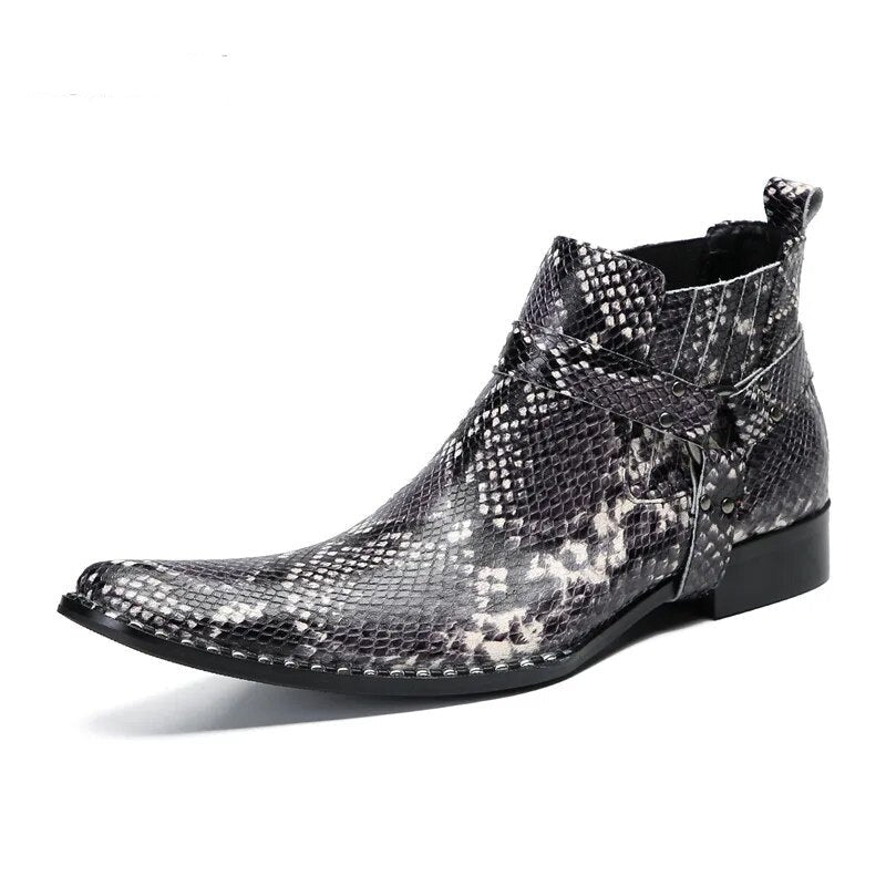 Angus' Pointed Iron Toe Snake Pattern Genuine Leather Ankle Boots