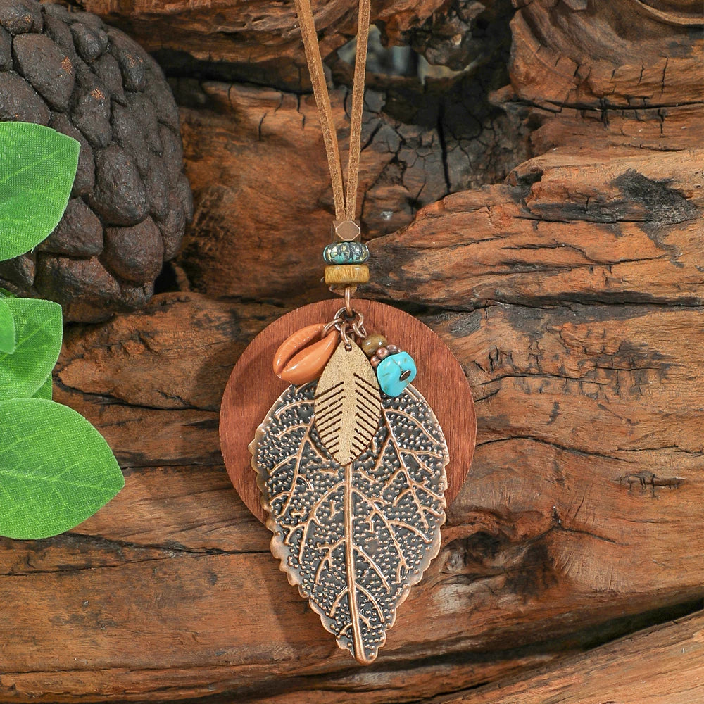 Forest Dweller Boho Leaf PU Leather Pendant Necklace Jewellery Sweater Chain