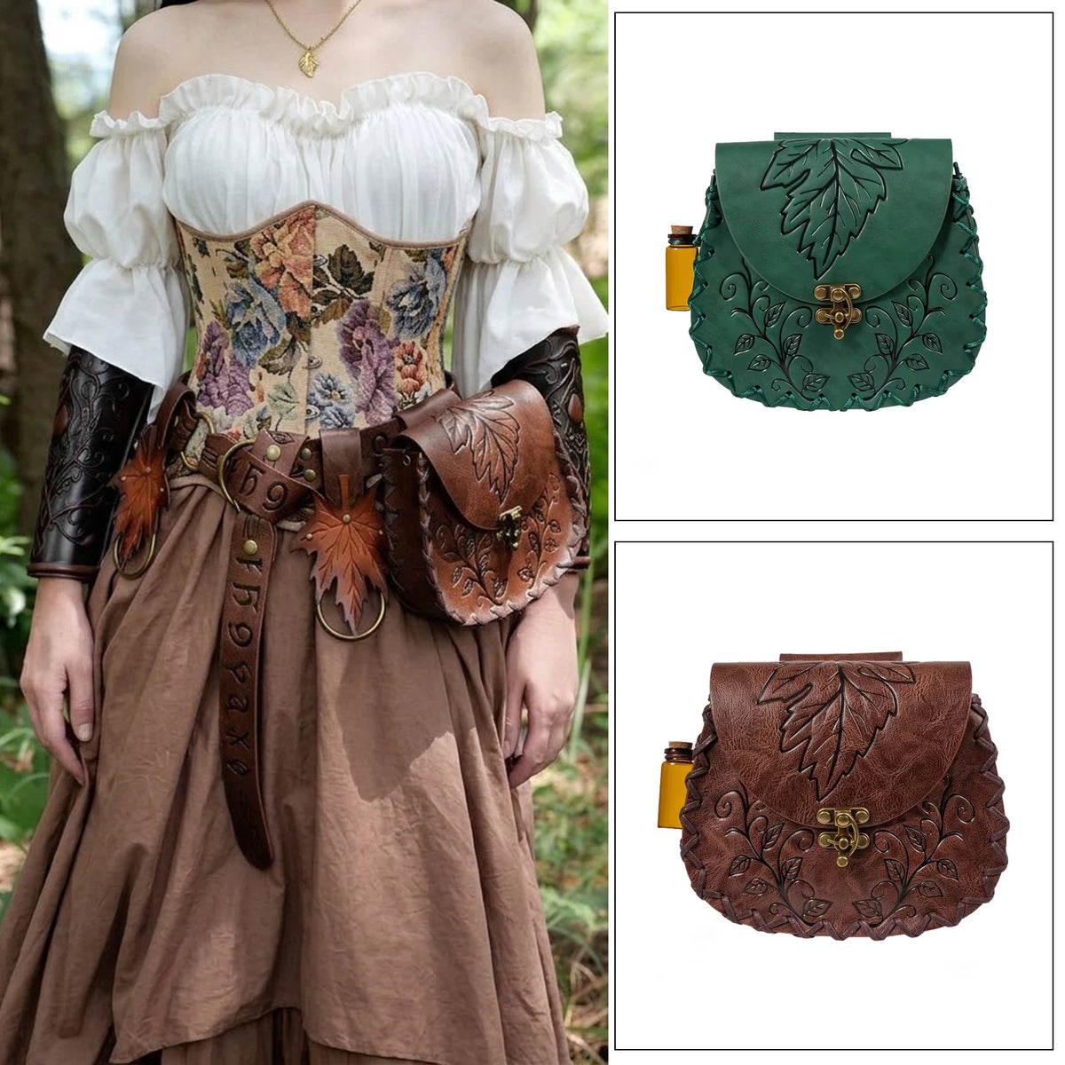 Medieval Leaf-Patterned Embossed PU Leather Waist Bag Forest Belt Pouch Renaissance Costume Accessories Cosplay Props