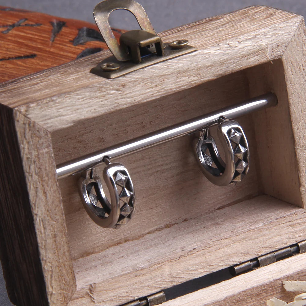 Viking Rivet Stainless Steel Huggie Hoop Earrings for Men with Wooden Box