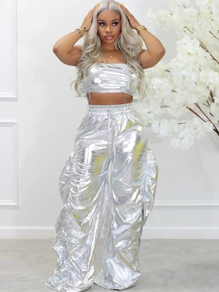 Gold Sliver Metallic Two Piece Sets Crop Top and Pants Streetwear Hip Hop Rave Festival Outfit