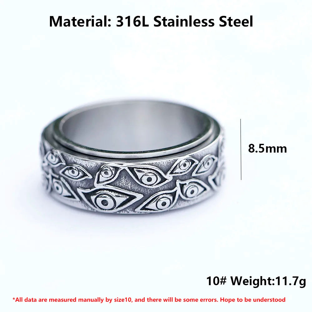 Japanese Mythology Carved Eyes Stainless Steel Rotatable Ring Anxiety Fidget Turning Ring