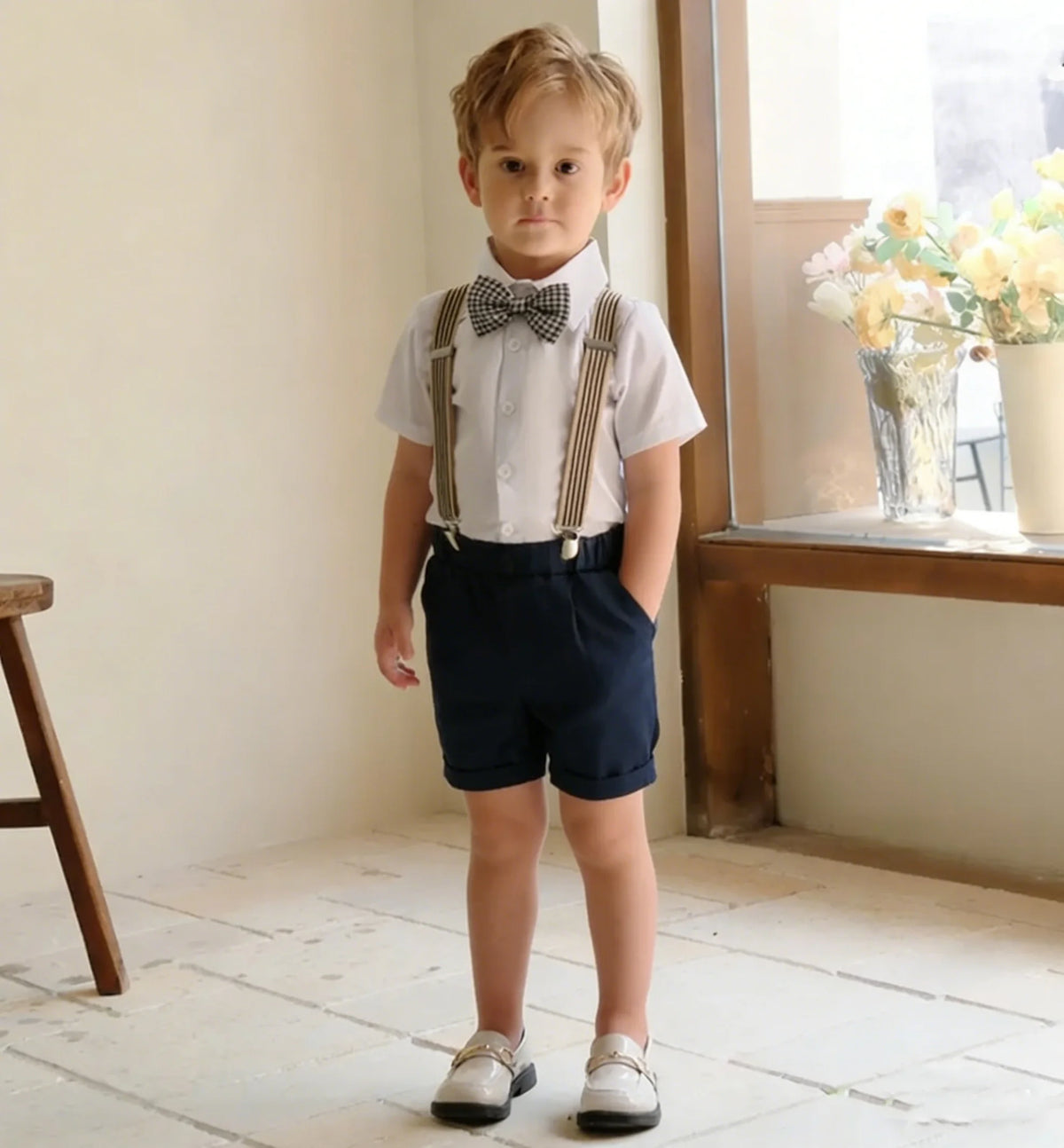 Summer Boys Shorts Suit Toddler Boys Formal Suspender Bowtie Trousers Suit 2-8 Years