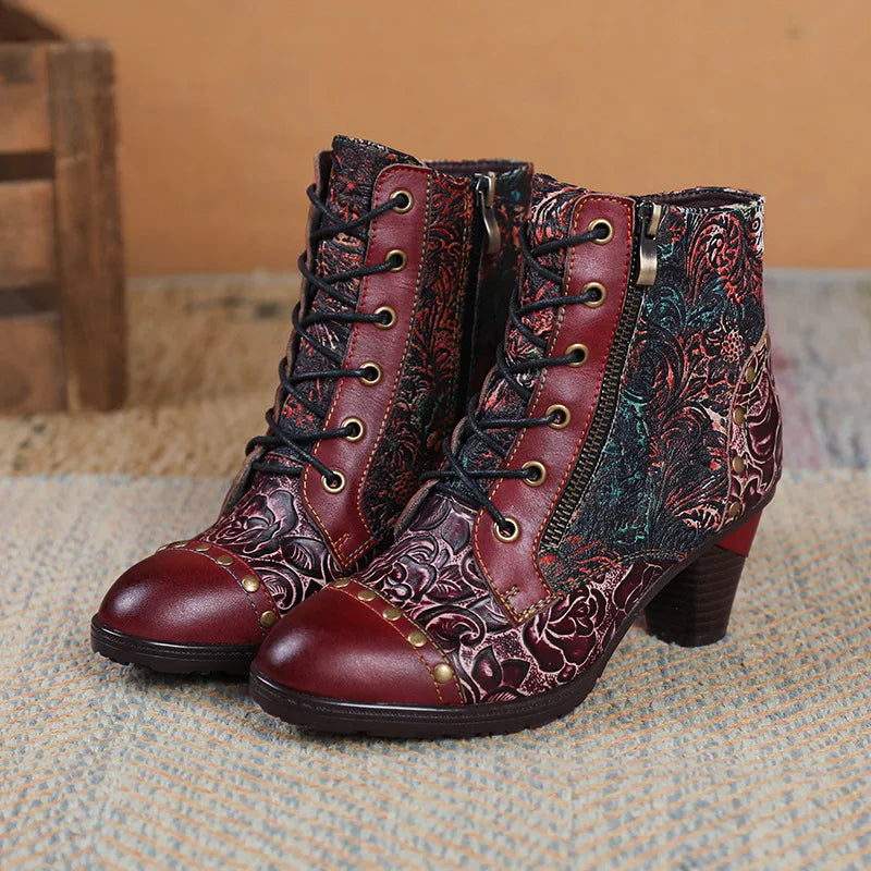 Aggy's Vintage Floral Genuine Leather Patchwork Rivet Handmade Heeled Ankle Boots Shoes