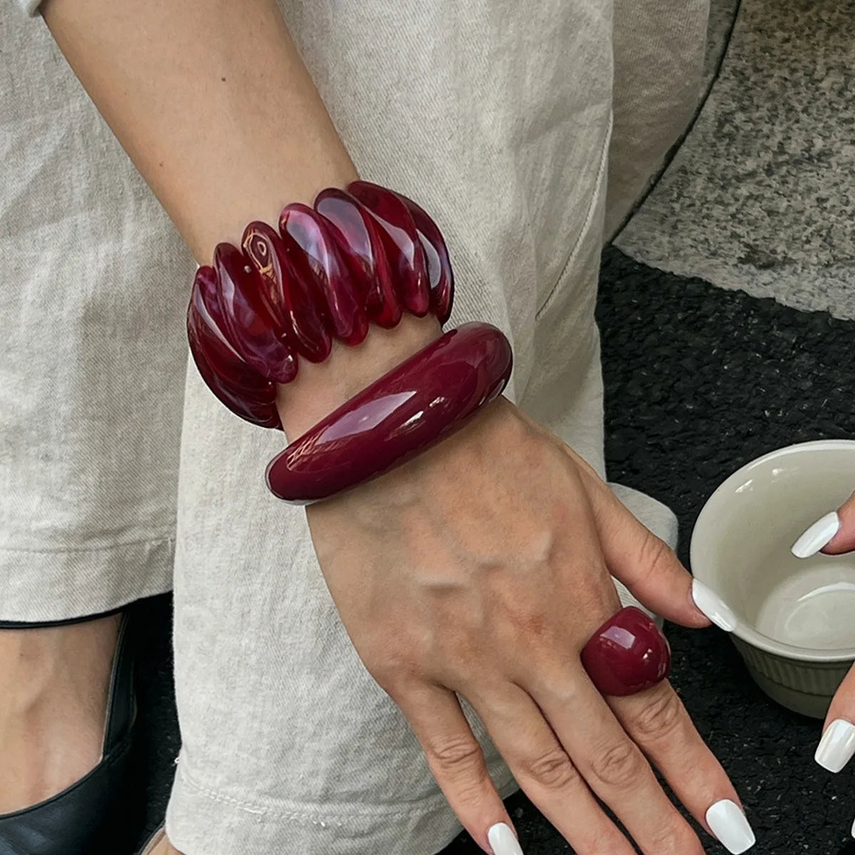 Vintage Style Cherry Red Acrylic Resin Chunky Bangles Bracelet