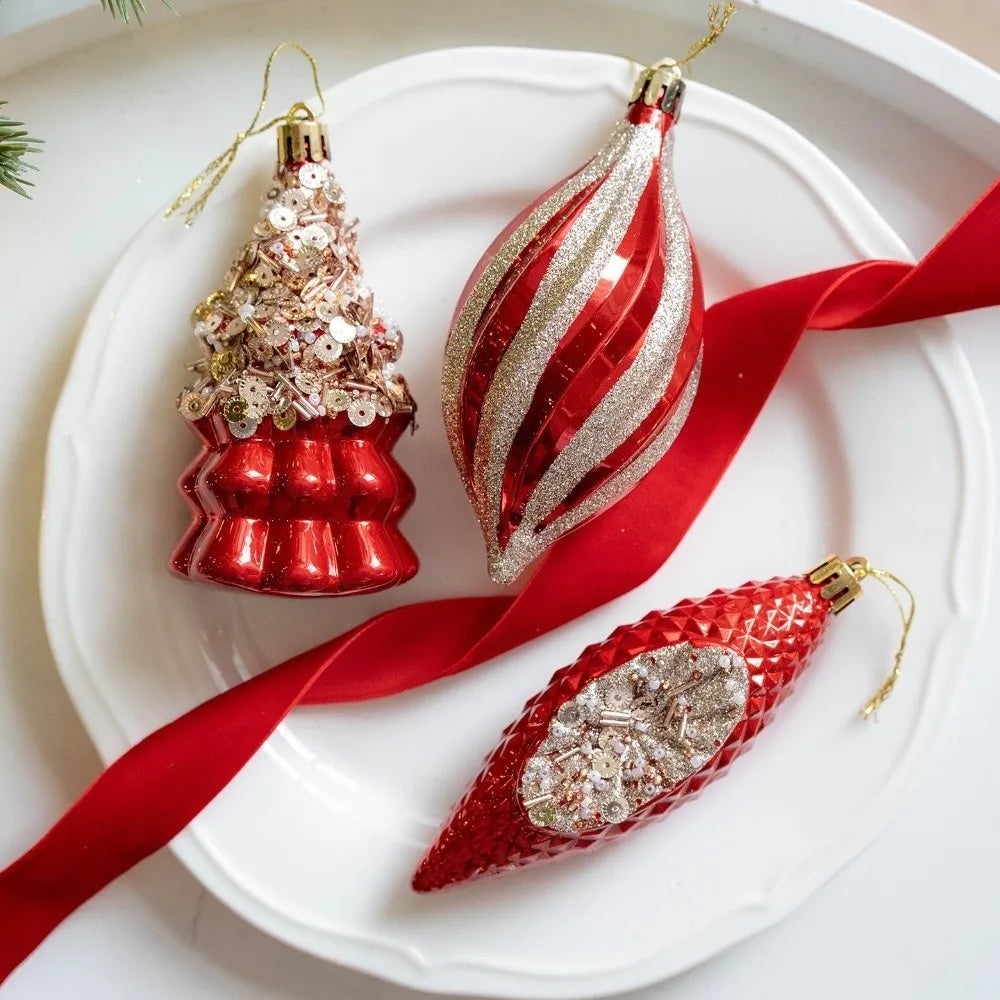 Red Christmas Tree Ornaments Shatterproof Plastic Glitter Little Bear Balls Acorn