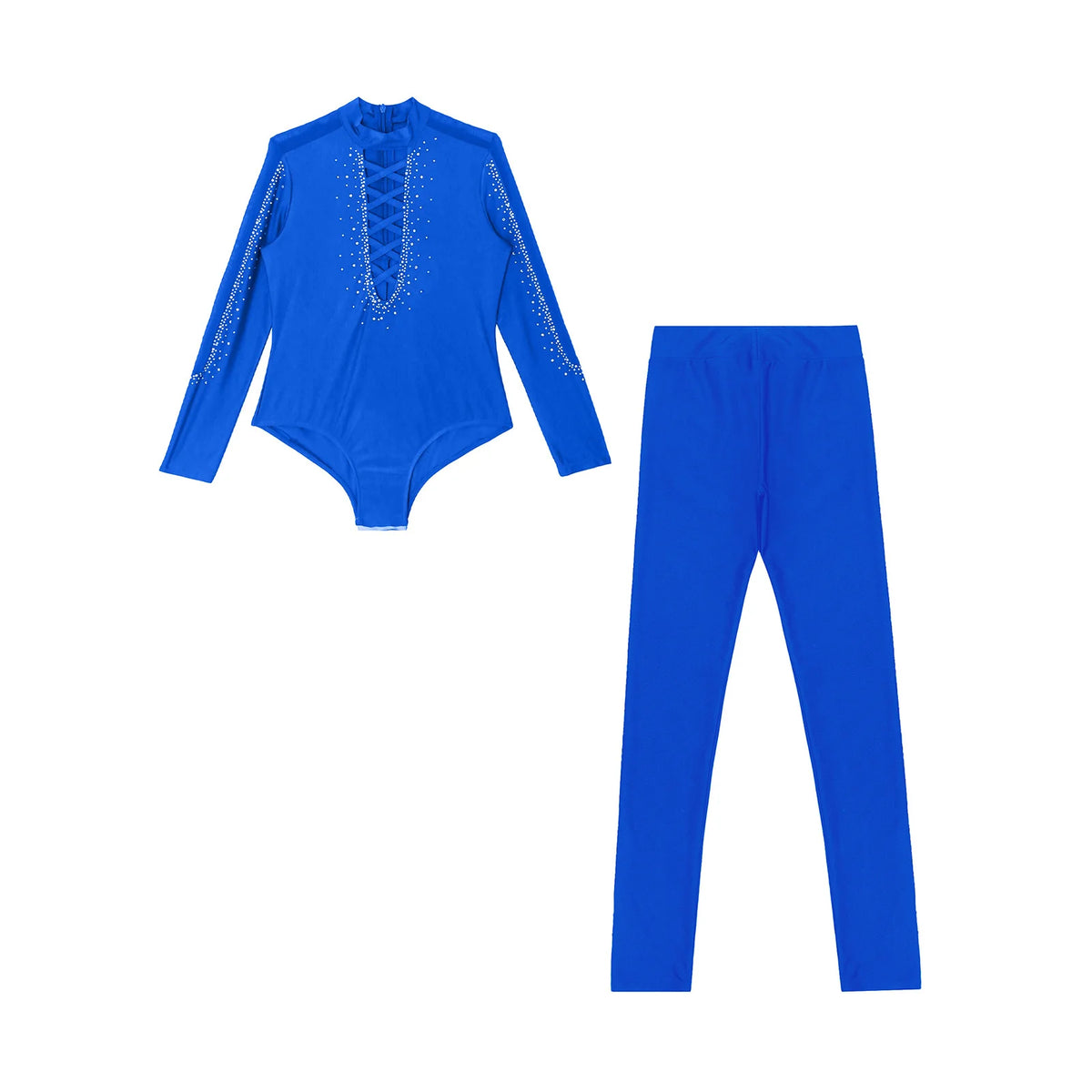 Boys Dance Leotard Ice Skating Gymnastic Long Sleeve Rhinestones Bodysuit with Leggings