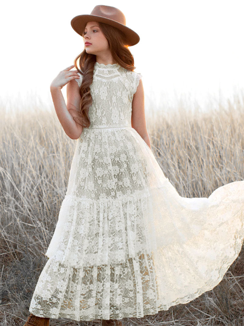 Girls Flower Girl Dress Lace Cotton Maxi Dresses