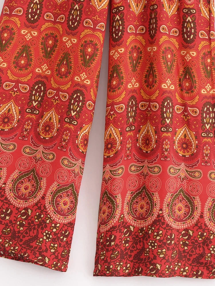 Nuri's Boho Red Floral Print Wide Leg Pants