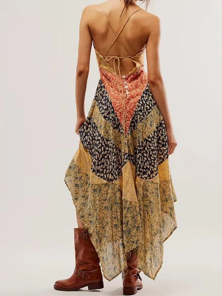 Estrella's Asymmetrical Patchwork Scarf Dress Backless Tie-Up Summer Dress