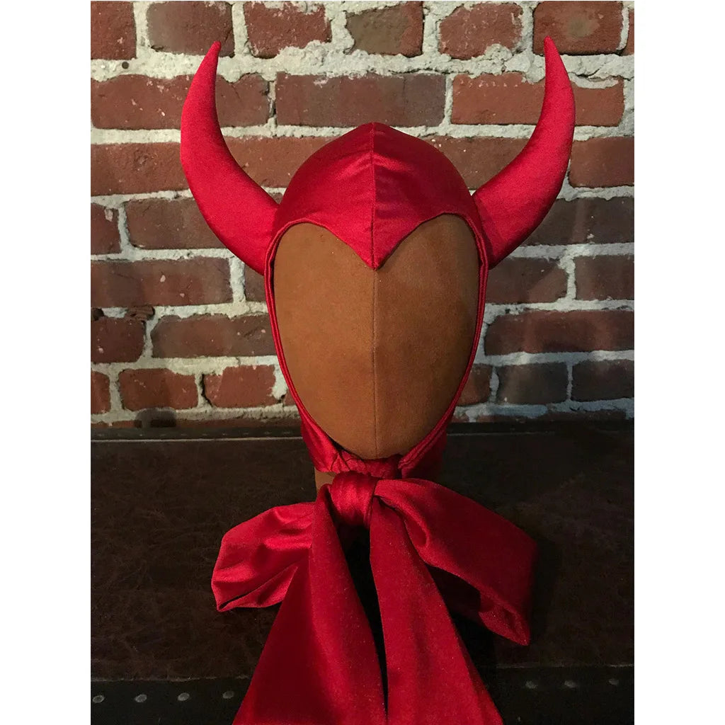 Vintage Horned Devil Red/Black Satin Bonnet Hood Headpiece Halloween Costume Party