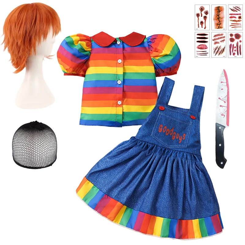 Chucky Costume Halloween Toddler Baby Girl Cosplay Kids Rainbow Striped Shirt Overalls