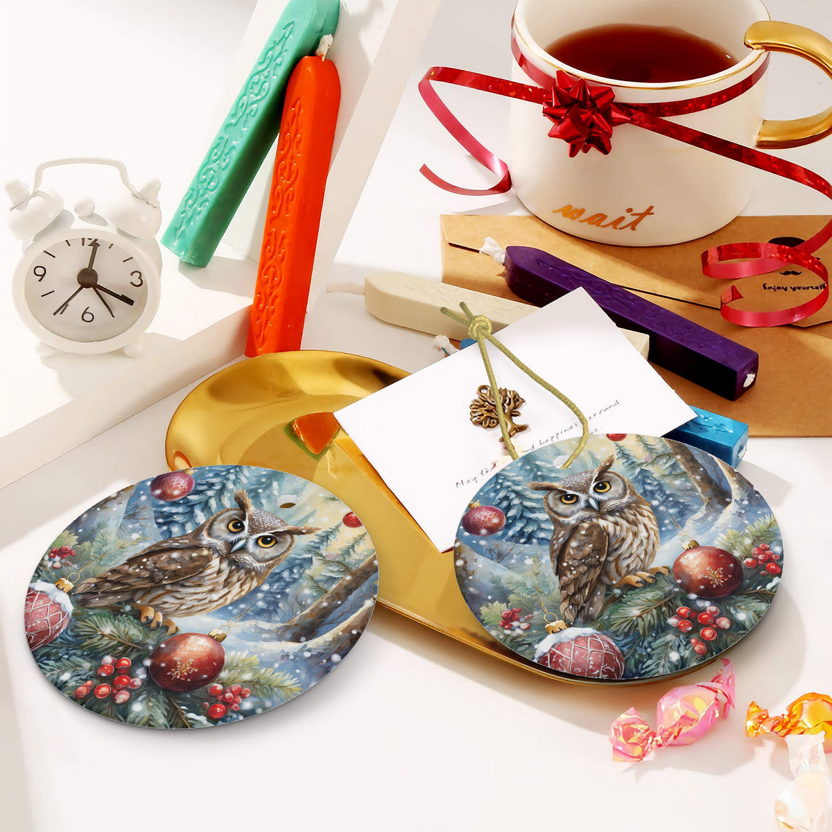 Owl Ceramic Christmas Round Ornament