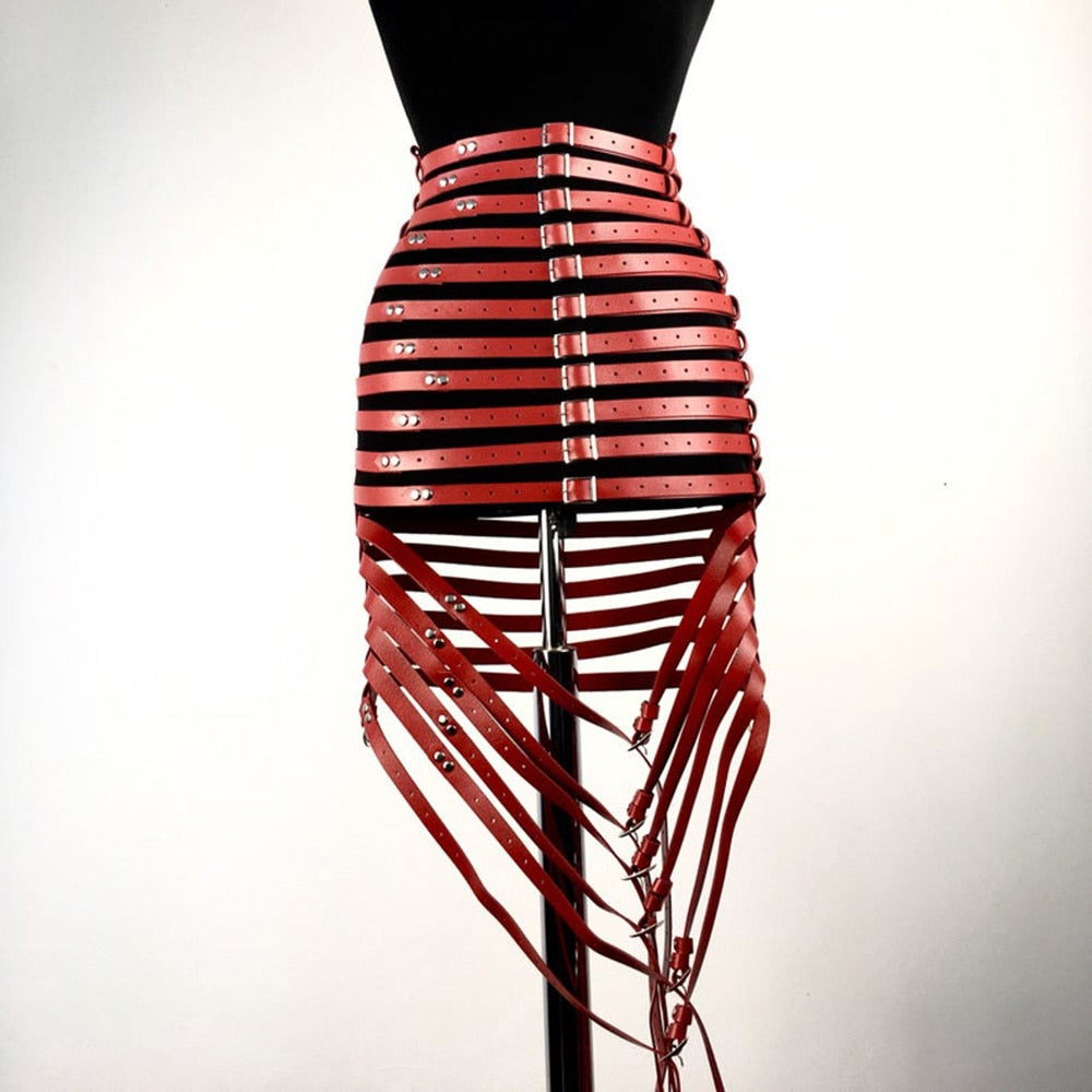 Gothic Faux Leather Long Black Strapped Corset Skirt