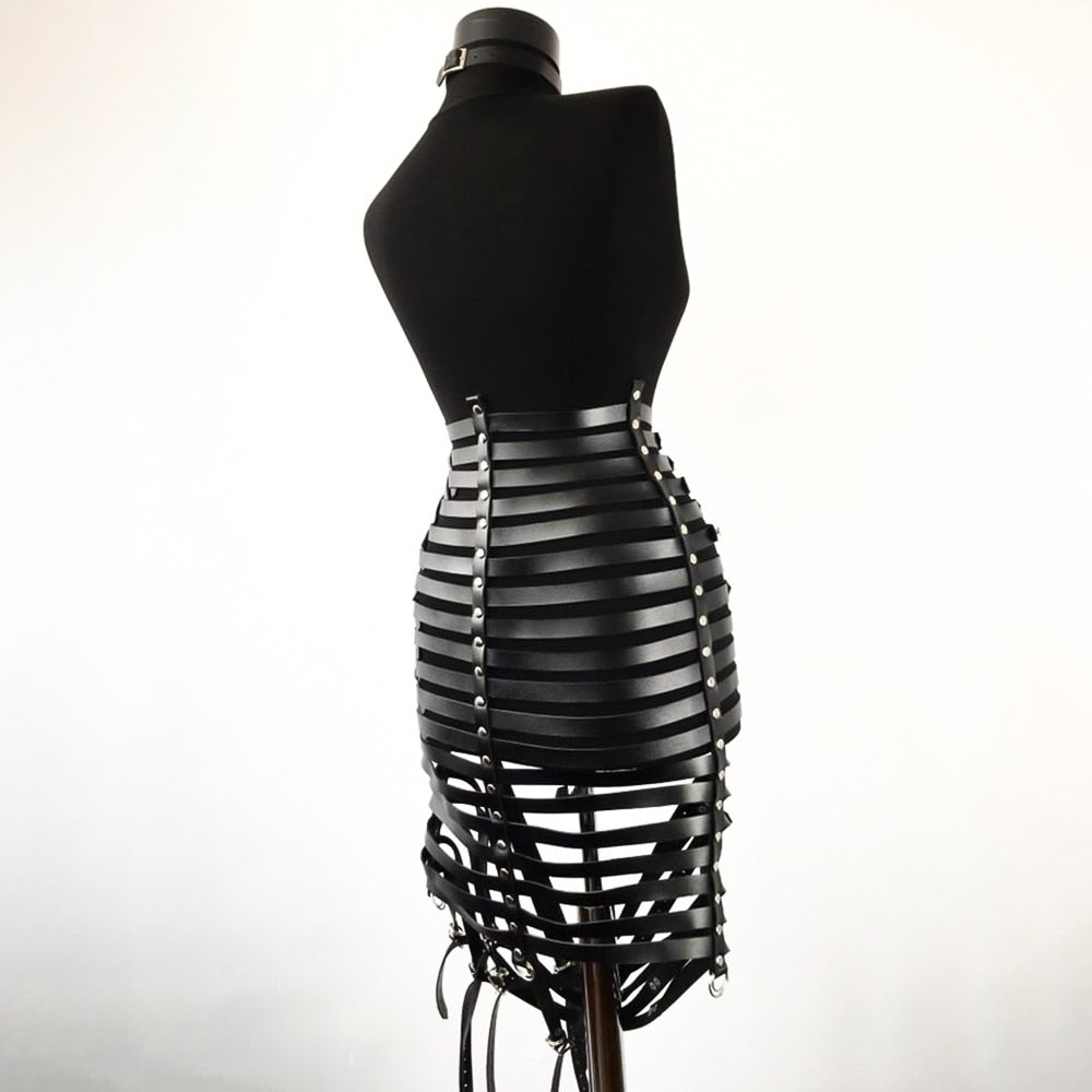 Gothic Faux Leather Long Black Strapped Corset Skirt