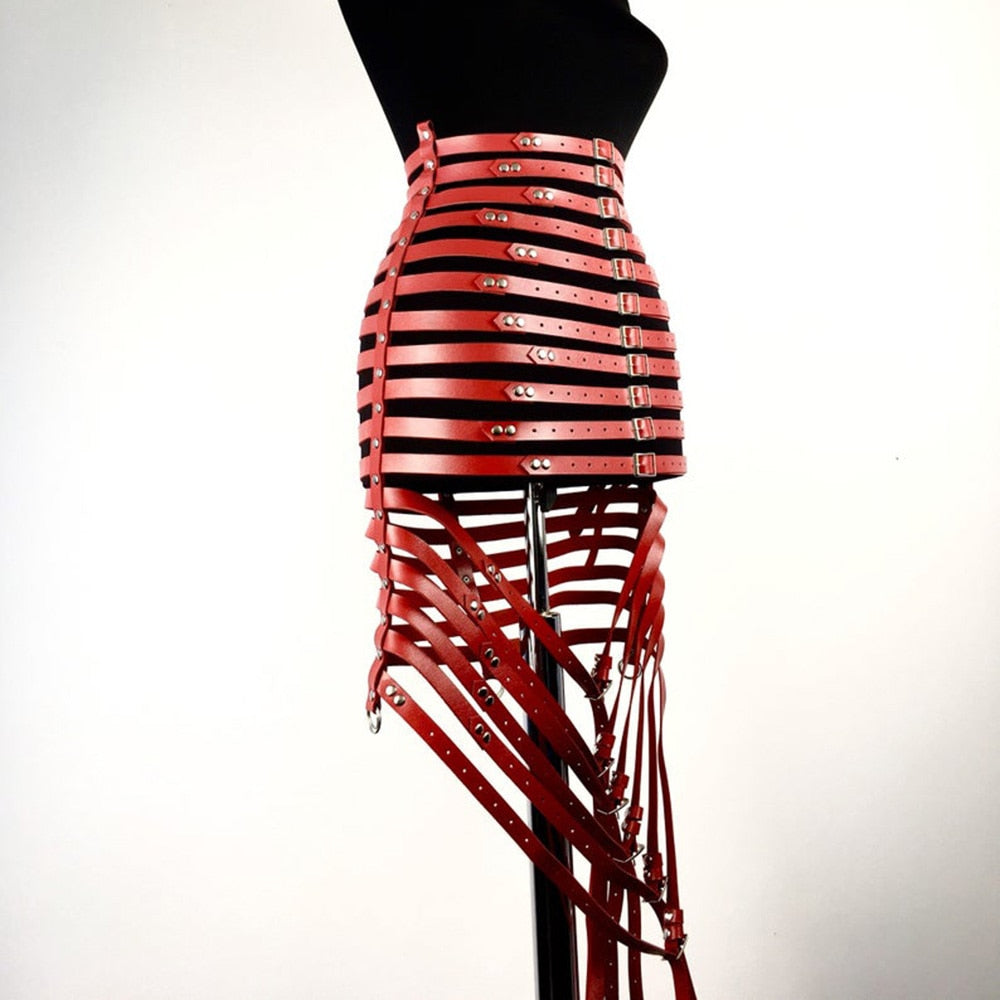 Gothic Faux Leather Long Black Strapped Corset Skirt