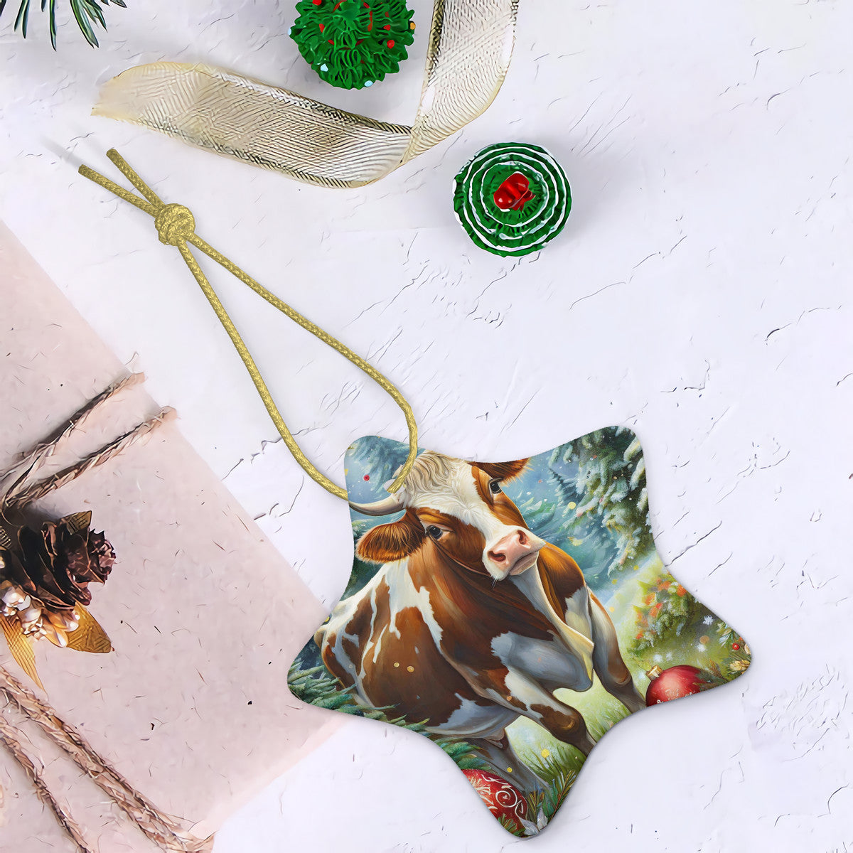 Cow Ceramic Star Shape Christmas Ornament