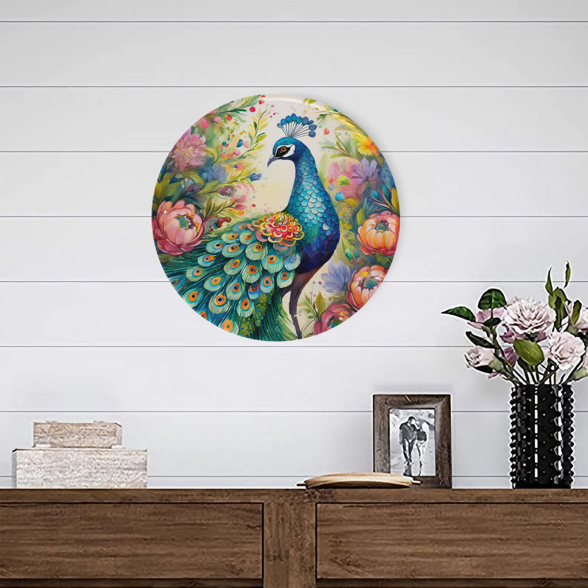 Woodland Peacock Round Steel Metal Wall Art Decor