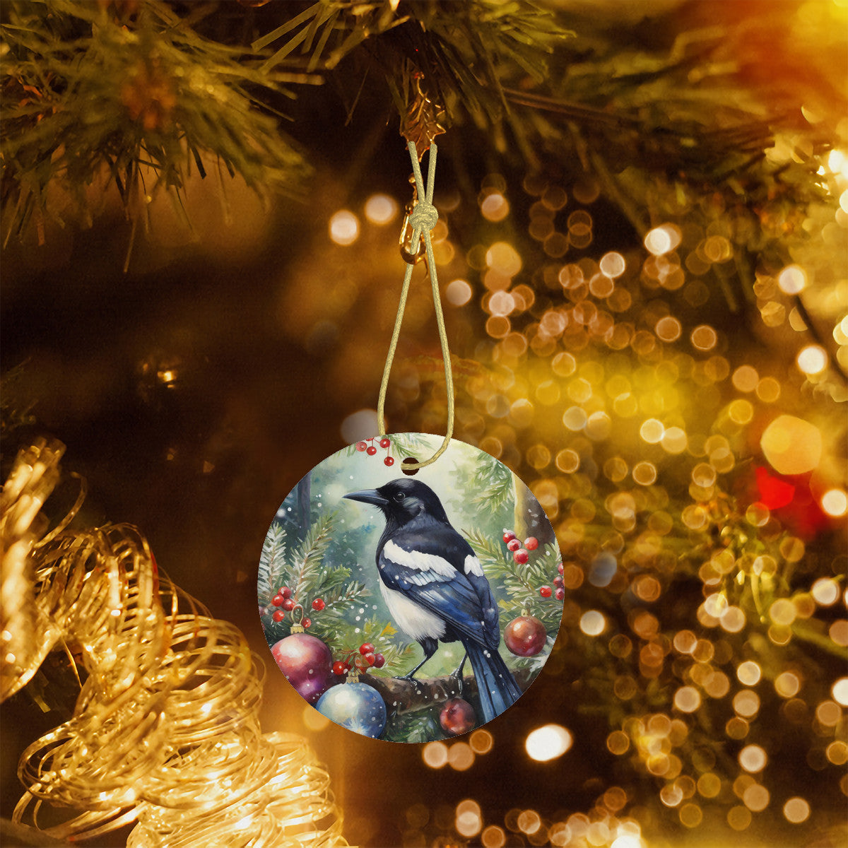 Magpie Ceramic Christmas Round Ornament