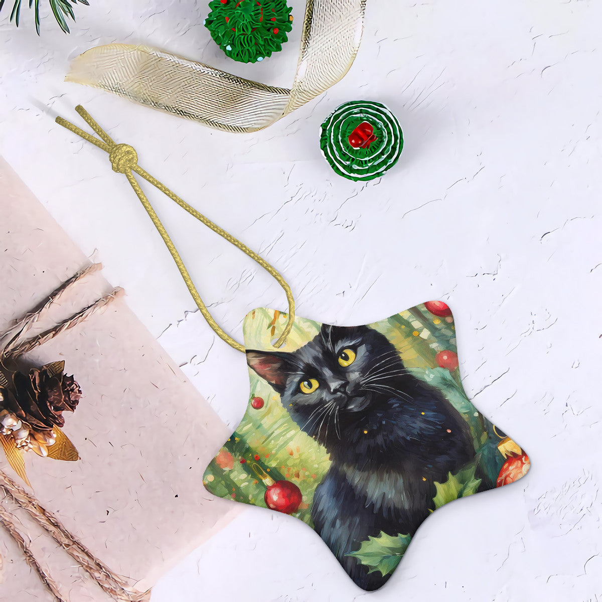 Black Cat Ceramic Star Shape Christmas Ornament