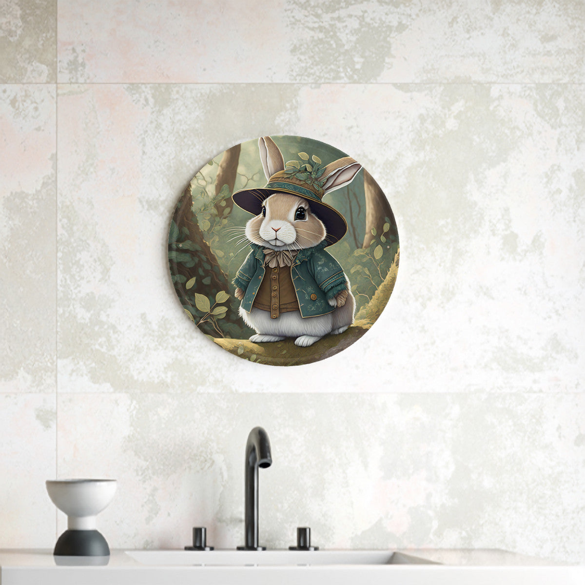 Sweet Woodland Bunny Round Steel Metal Wall Art Decor