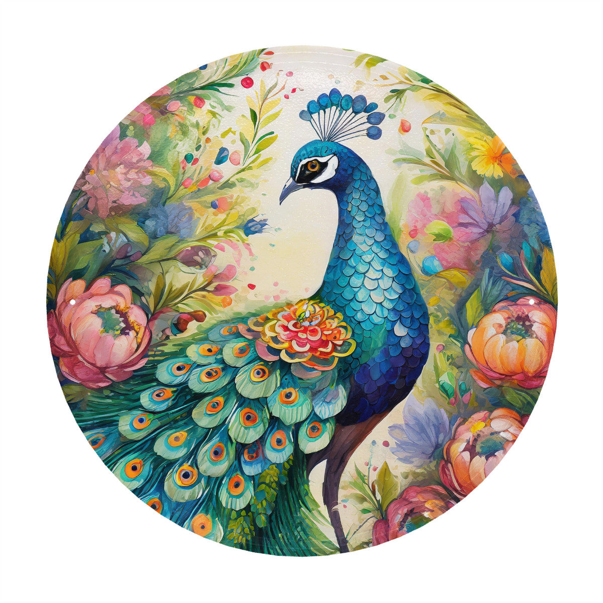 Woodland Peacock Round Steel Metal Wall Art Decor