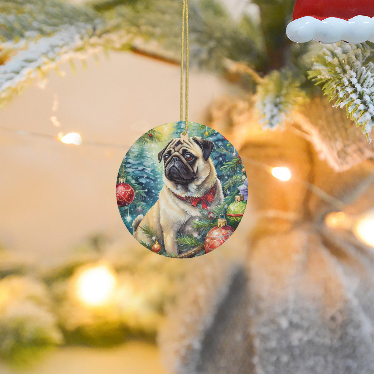 Lil' Pug Dog Ceramic Christmas Round Ornament