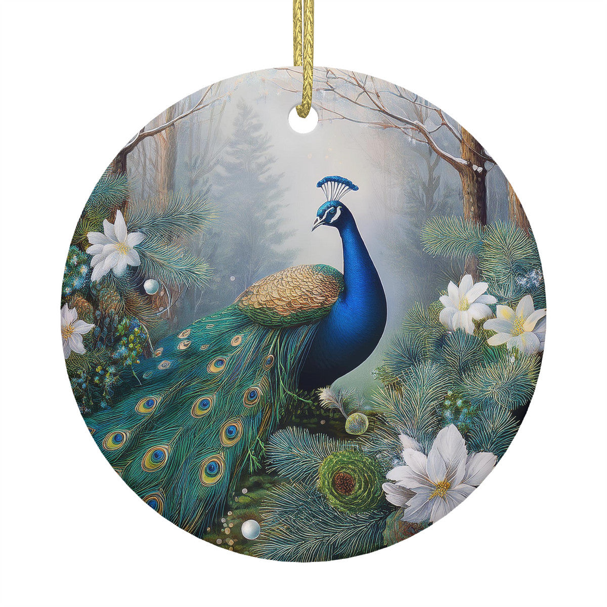 Winter Peacock 2 Ceramic Christmas Round Ornament