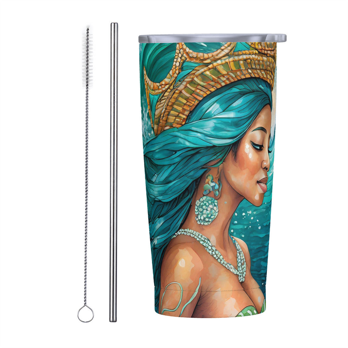 Teal Depths Mermaid 20oz Stainless Steel Straw Lid Cup