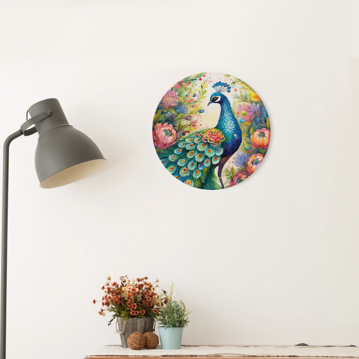Woodland Peacock Round Steel Metal Wall Art Decor