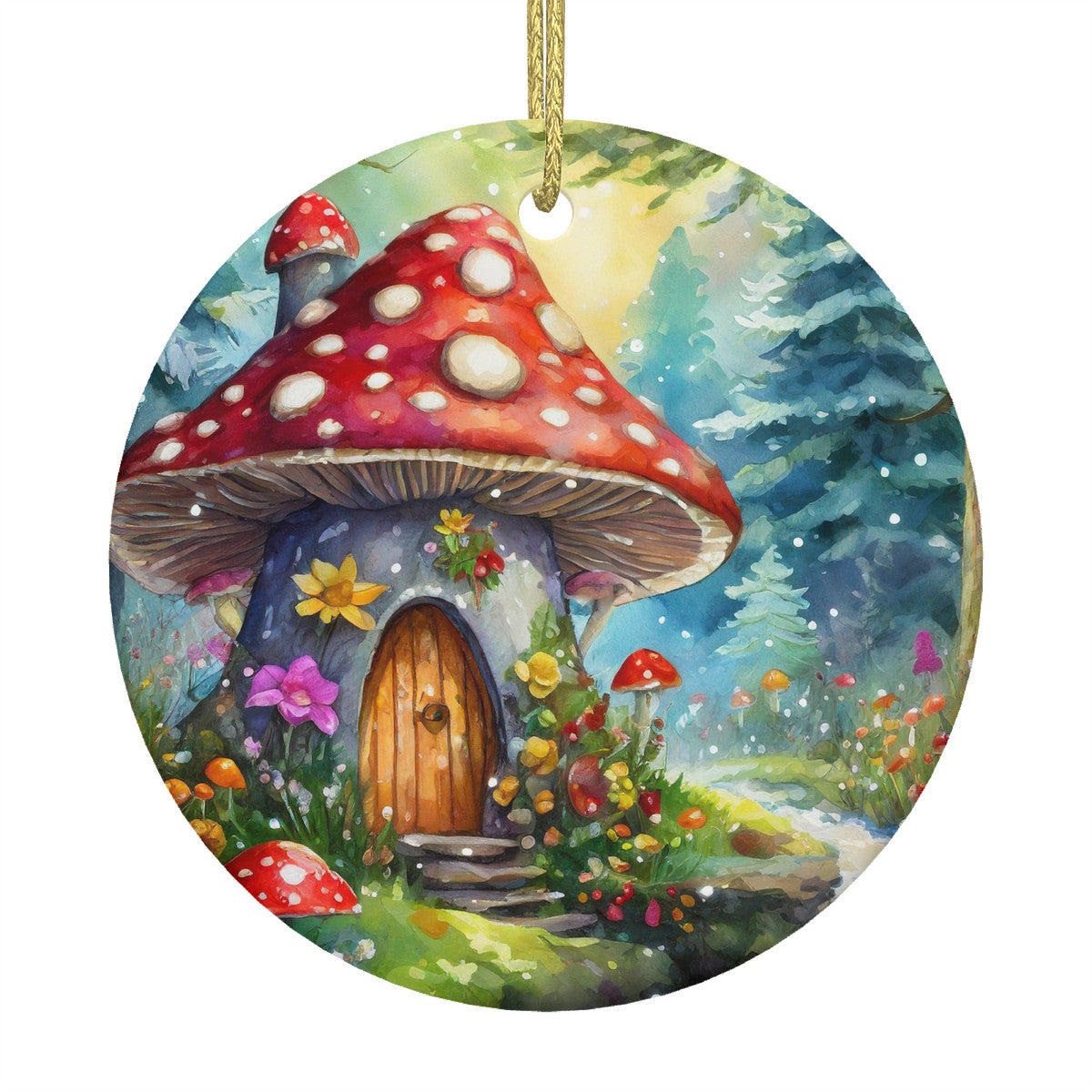 Mushroom Cottage Ceramic Christmas Round Ornament