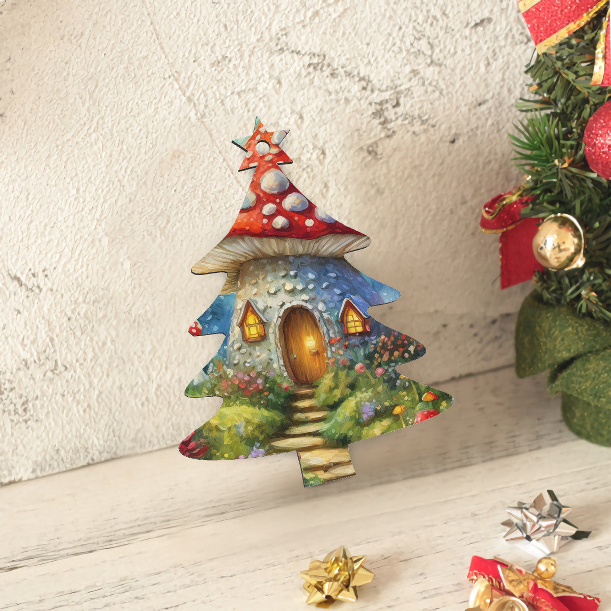 Mushroom Cottage Wooden Christmas Tree Hanging Ornament