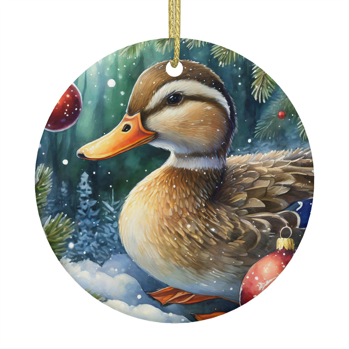 Brown Duckling Ceramic Christmas Round Ornament