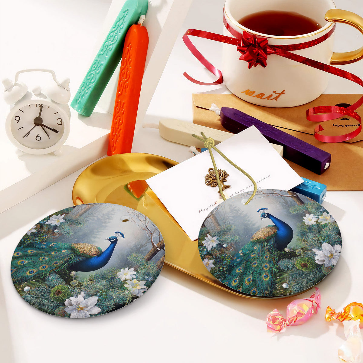 Winter Peacock 2 Ceramic Christmas Round Ornament