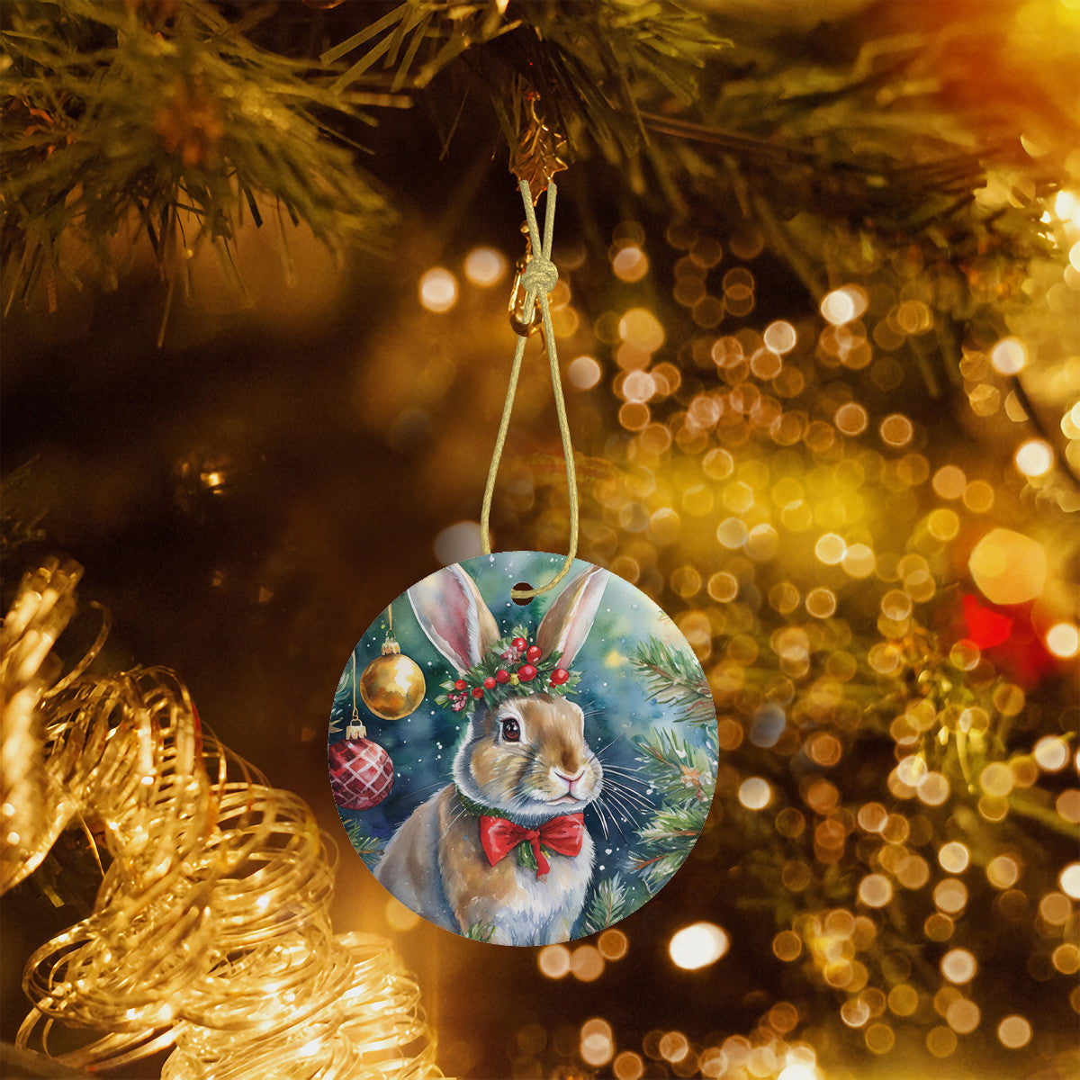 Bunny Rabbit Ceramic Christmas Round Ornament