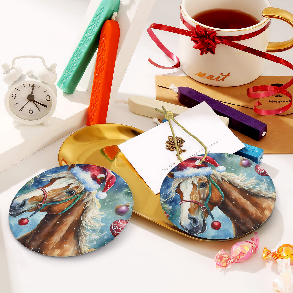 Blonde Horse Ceramic Christmas Round Ornament