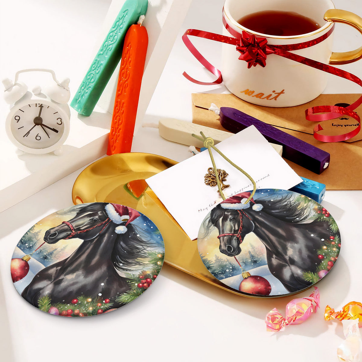 Black Horse Ceramic Christmas Round Ornament