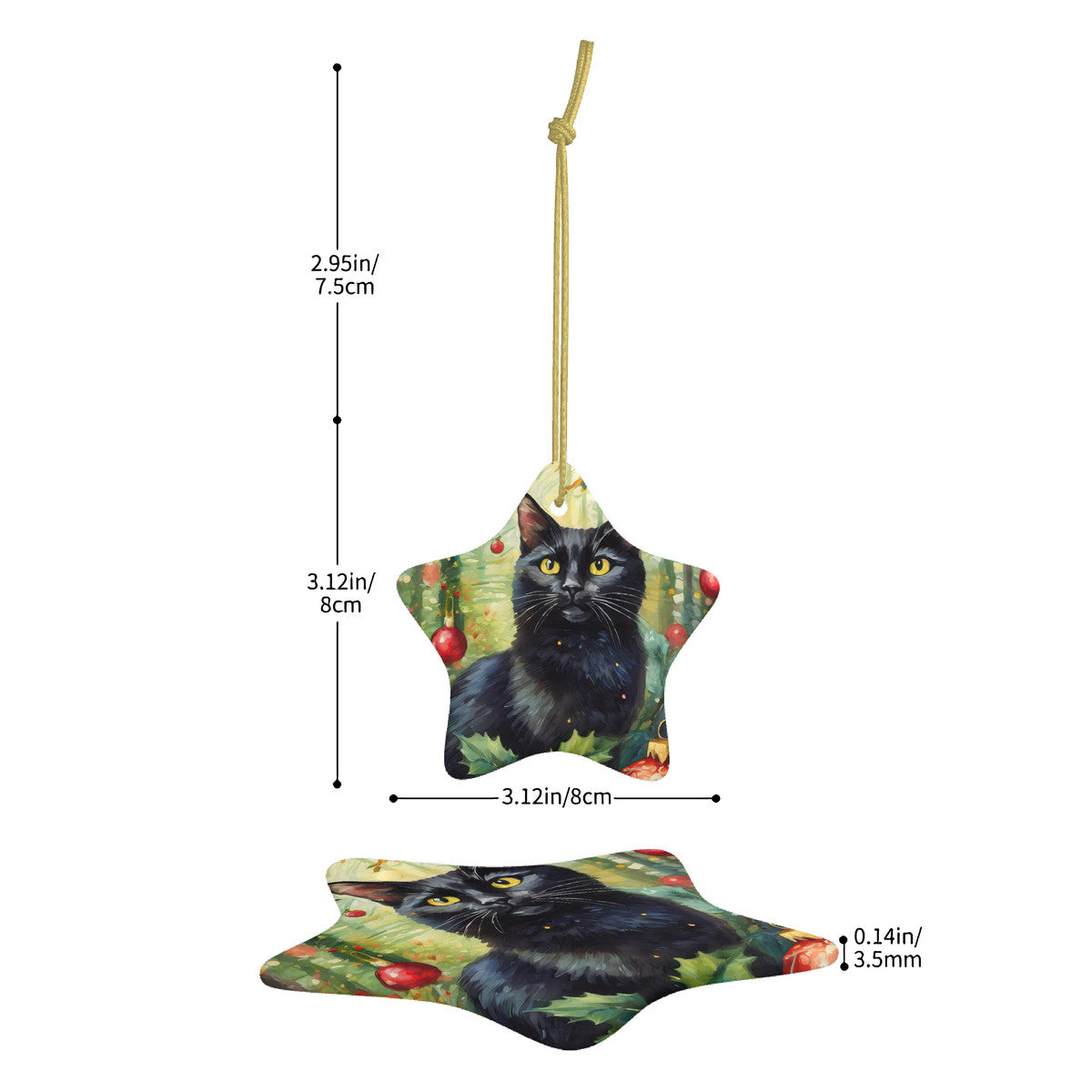 Black Cat Ceramic Star Shape Christmas Ornament