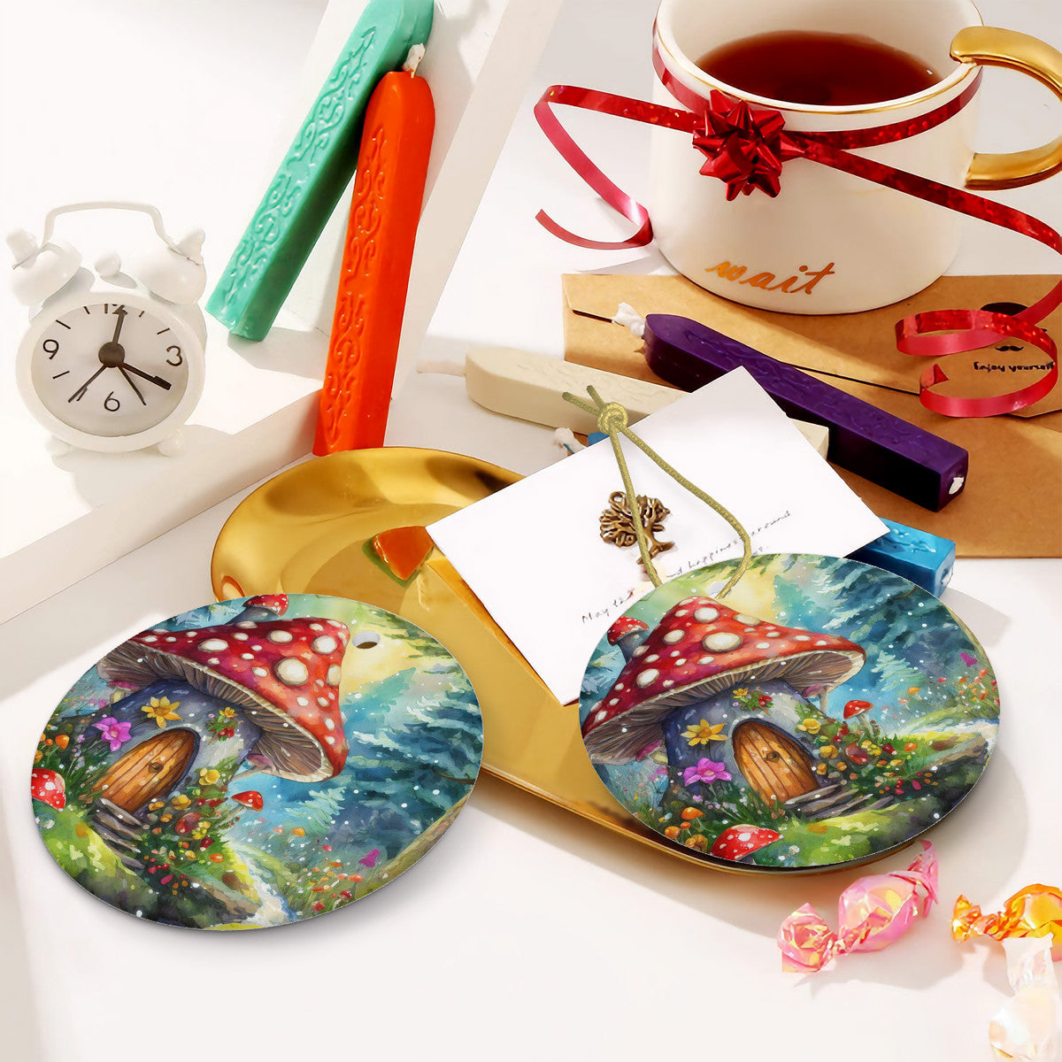 Mushroom Cottage Ceramic Christmas Round Ornament