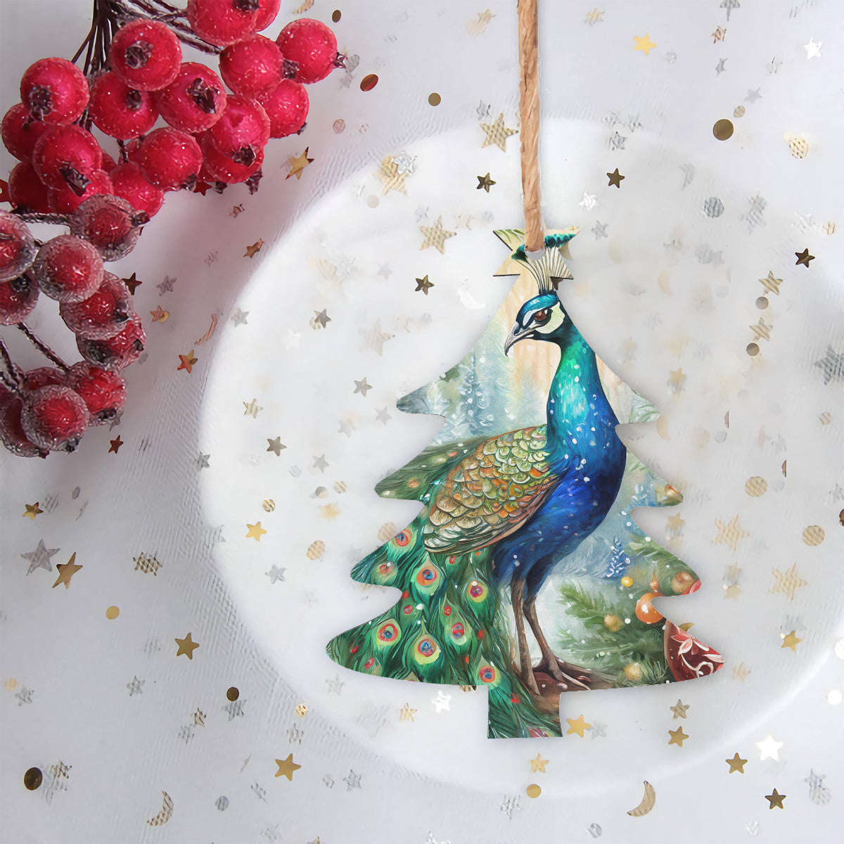 Peacock Wooden Christmas Tree Hanging Ornament