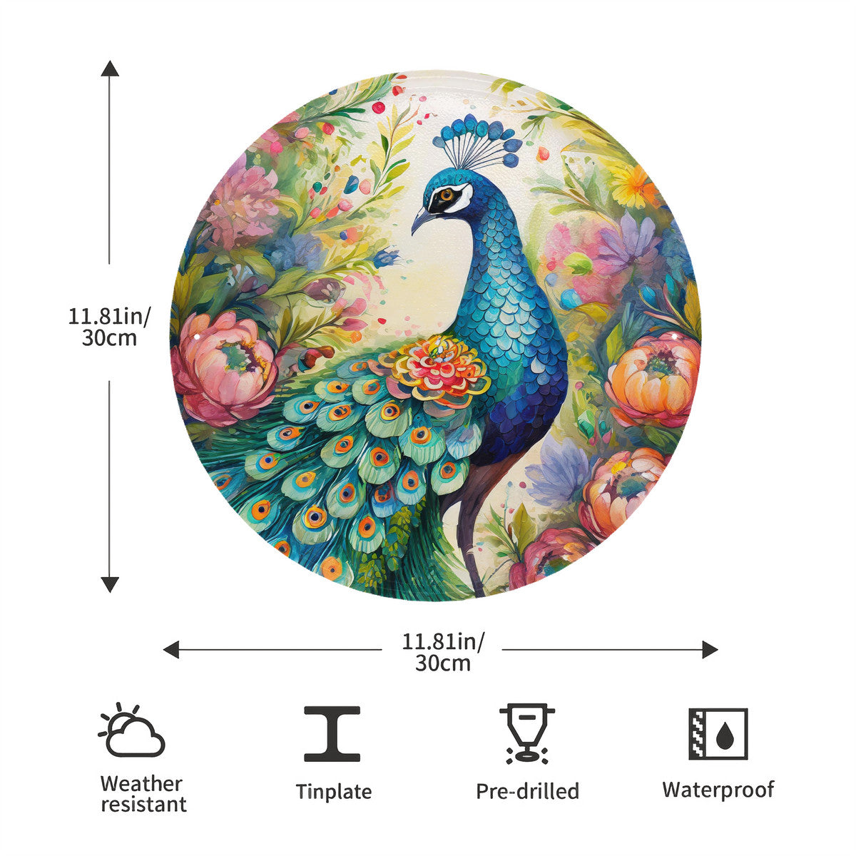 Woodland Peacock Round Steel Metal Wall Art Decor