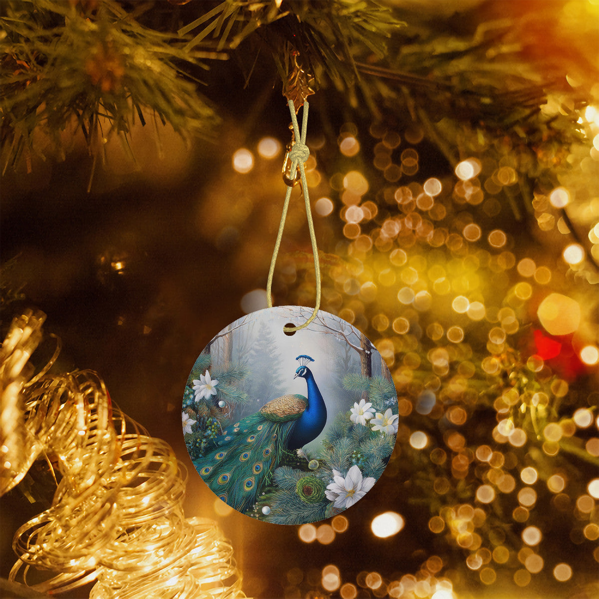 Winter Peacock 2 Ceramic Christmas Round Ornament