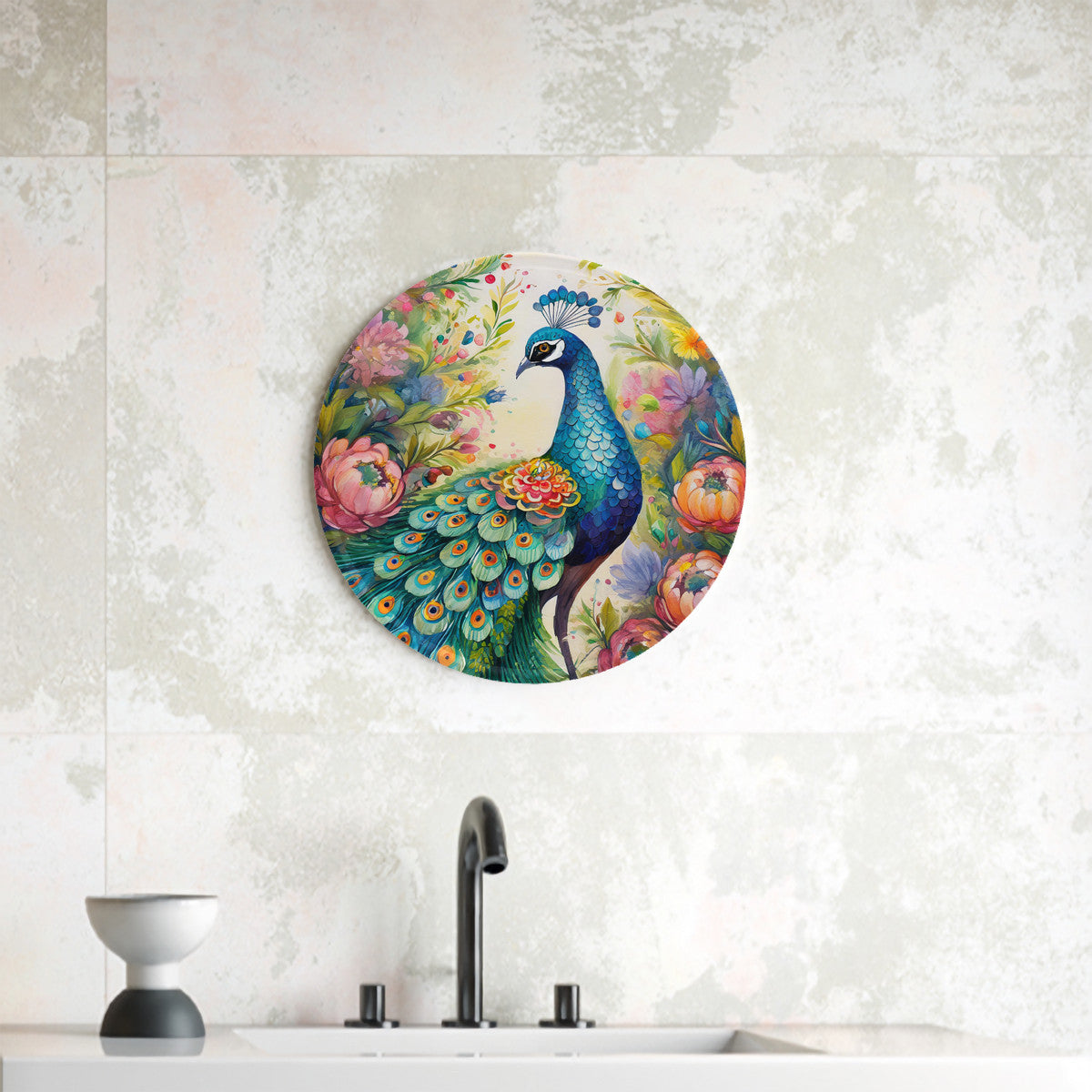 Woodland Peacock Round Steel Metal Wall Art Decor